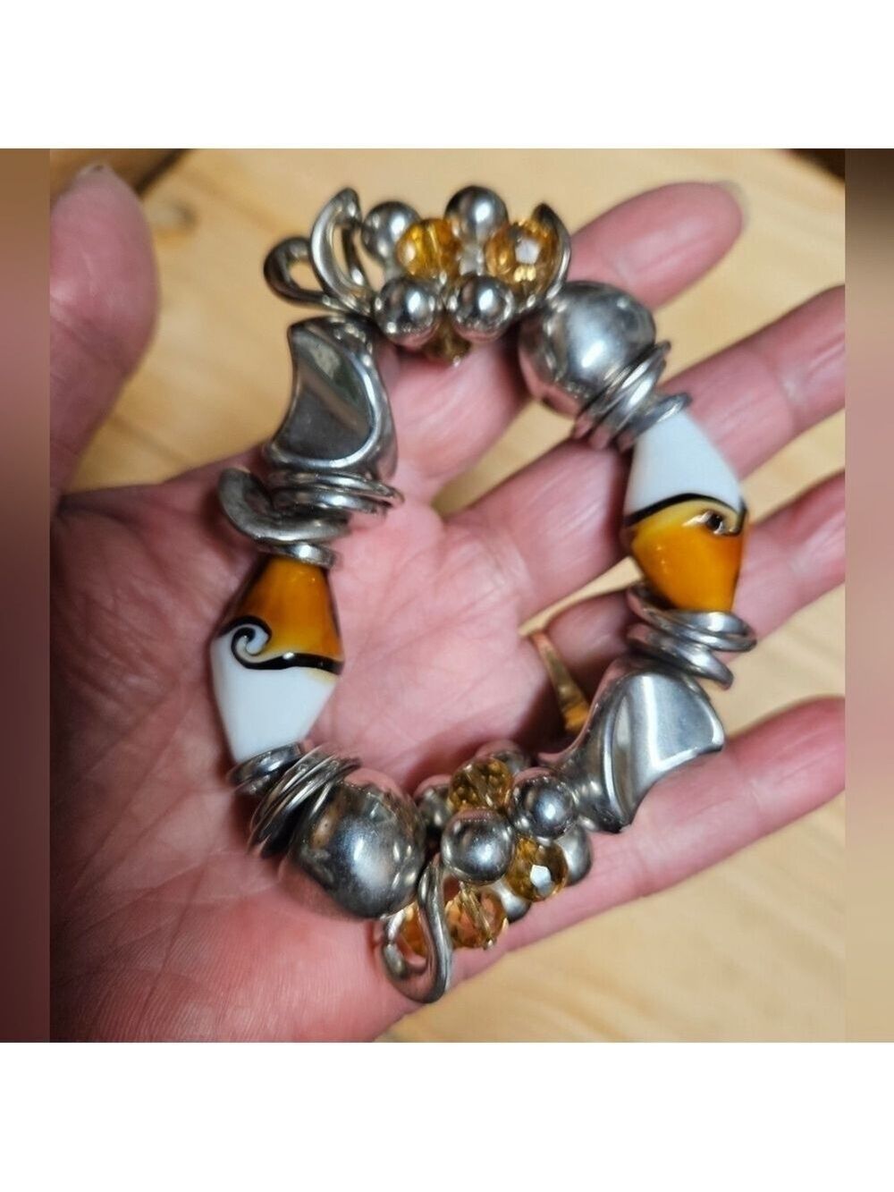 Vintage Glass and Metal Ethnic Chunky Stretch Bracelet